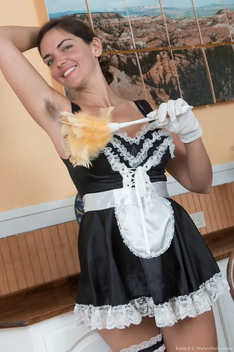 Katie Zucchini: Brunette Maid Undresses to Show Her Hairy Bush and Armpits – photo 2 of 21