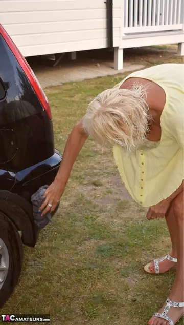 Mature Curvy Blonde Strips Out of Her Shorts Outdoors