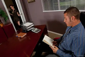 Short-Haired Brunette Gives a Blowjob and Handjob Before Sex