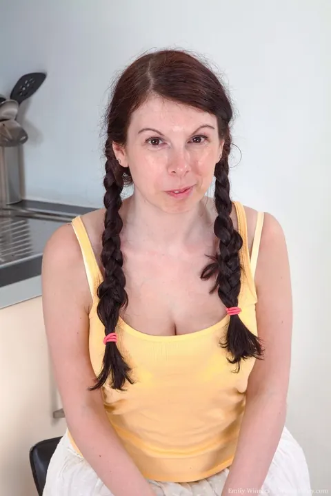 Emily Winters: British Brunette in Pigtails Shows Her Hairy Pussy – photo 1 of 21