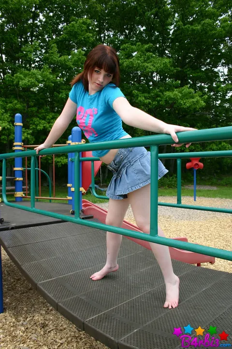 B4rbi3: Redhead in Pigtails Flashes Her Tits Outdoors in a Skirt – photo 4 of 12