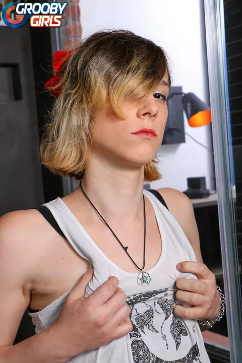 Blonde Trans Woman Strips Nude and Shows Off Her Cock – photo 2 of 16