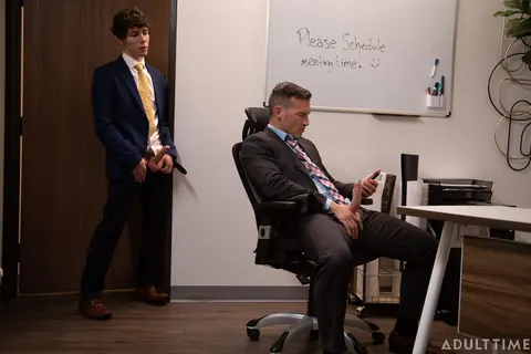 Two Curly Brunette Men Kiss and Fuck in the Office – photo 10 of 21