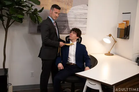 Two Curly Brunette Men Kiss and Fuck in the Office – photo 1 of 21