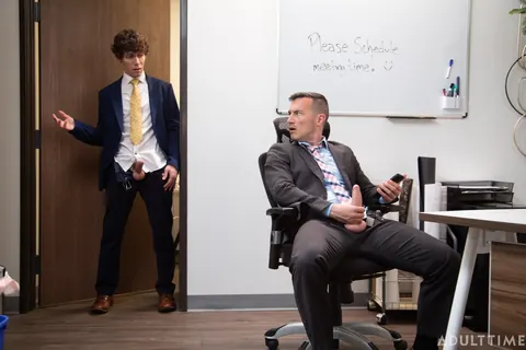 Two Curly Brunette Men Kiss and Fuck in the Office – photo 11 of 21