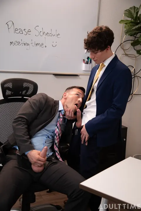 Two Curly Brunette Men Kiss and Fuck in the Office – photo 12 of 21