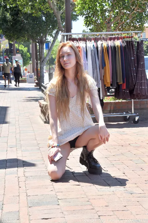 Claire Roos: Tall Blonde Flashes Her Pussy Outdoors Then Strips Naked Inside – photo 1 of 21