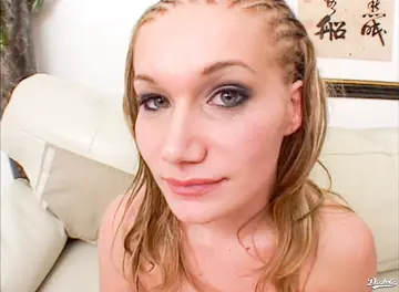 Blonde with Small Natural Tits Takes Two Men and a Cumshot
