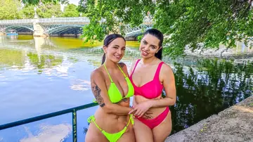 Kira Queen – Two Busty Latina Brunettes in Bikinis Have a Threesome