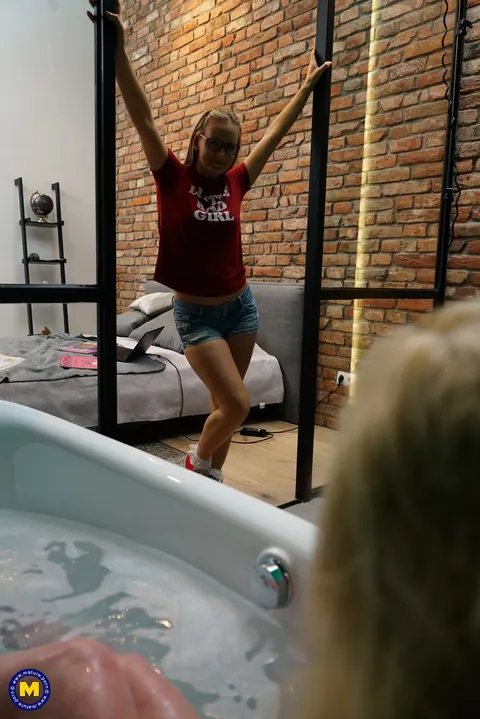 Lucette Nice & Suzie Stone: Busty Blonde MILF Licks Pussy in the Bathroom – photo 4 of 21