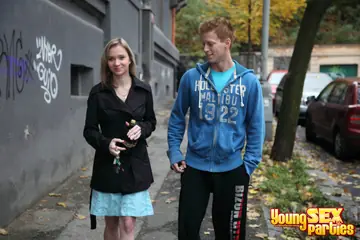 Chaynee – Czech Redhead in a Skirt Joins a Foursome and Takes Cum on Stomach