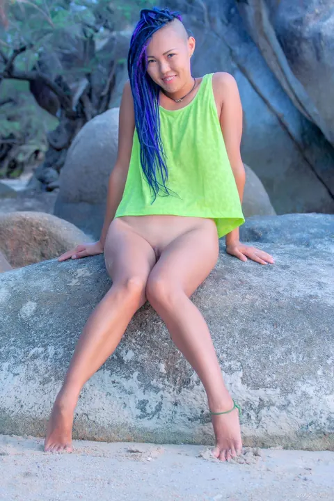 Sweet Julie: Petite Asian Brunette Undresses and Spreads Her Shaved Pussy Outdoors – photo 6 of 21