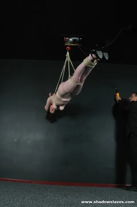 Thick Brunette with Big Tits Suspended in Rope Bondage in High Heels – photo 14 of 16
