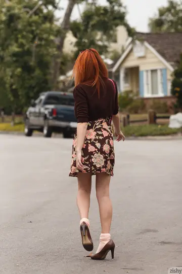 Busty Redhead Flashes Her Natural Tits and Spreads Outdoors
