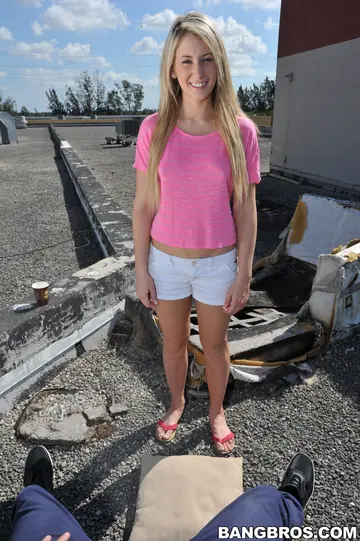 Blonde in Shorts Gives a POV Blowjob and Handjob Outdoors