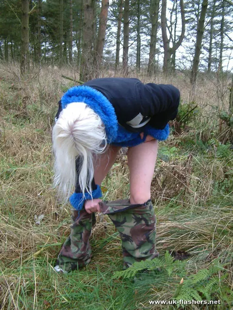 British Blonde Spreads Her Shaved Pussy and Pisses at the Forest Edge – photo 5 of 12
