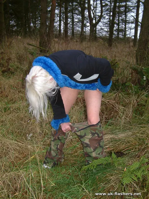 British Blonde Spreads Her Shaved Pussy and Pisses at the Forest Edge – photo 6 of 12