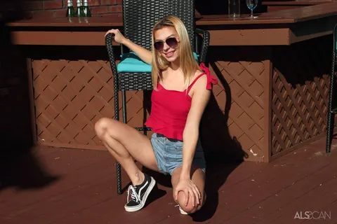 Sophia Sweet: Blonde in Glasses and Shorts Spreads Her Legs Wide – photo 3 of 16