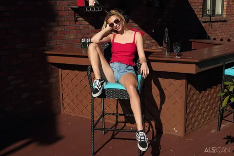 Sophia Sweet: Blonde in Glasses and Shorts Spreads Her Legs Wide – photo 1 of 16