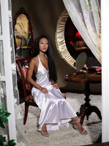 Mariko A – Asian Brunette with Big Natural Tits Spreads in a Skirt and Heels