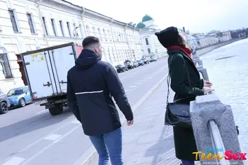 Slim Russian Brunette in Glasses Gives a Handjob and Takes Anal