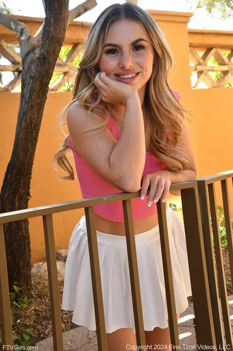 Aria Banks: Blonde in a Skirt Rides Dildos by the Pool – photo 7 of 15