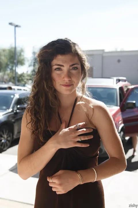 Gillian Barnes: Petite Curly Brunette Flashes Her Tits and Thighs Outdoors in Heels – photo 7 of 11