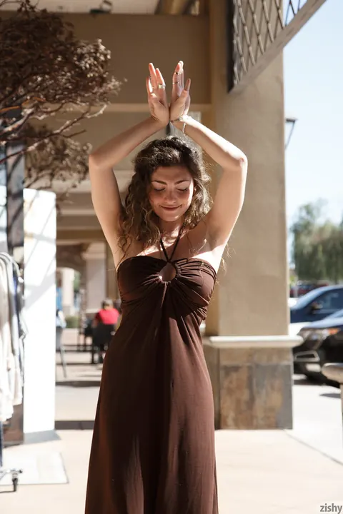 Gillian Barnes: Petite Curly Brunette Flashes Her Tits and Thighs Outdoors in Heels – photo 6 of 11