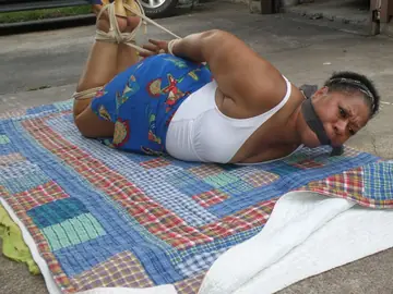Mature Ebony BBW Hogtied and Cleave Gagged Outdoors