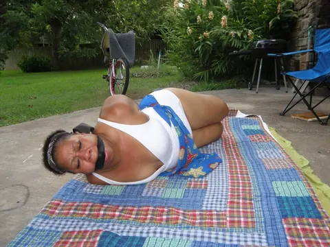 Mature Ebony BBW Hogtied and Cleave Gagged Outdoors – photo 12 of 16