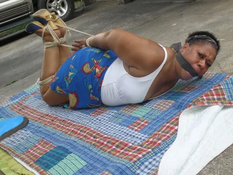 Mature Ebony BBW Hogtied and Cleave Gagged Outdoors – photo 2 of 16