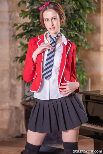 Jessika Night – Tall European Brunette in Uniform Spreads Her Shaved Pussy