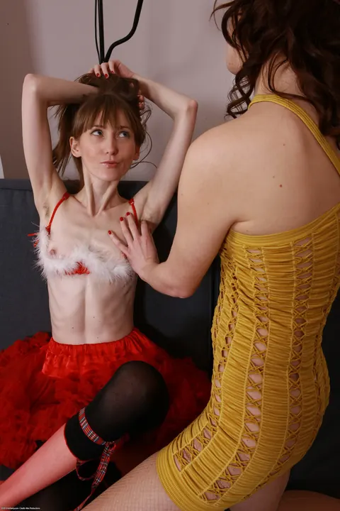 Two Slim Hairy Women in Stockings Kiss and Spread – photo 2 of 21