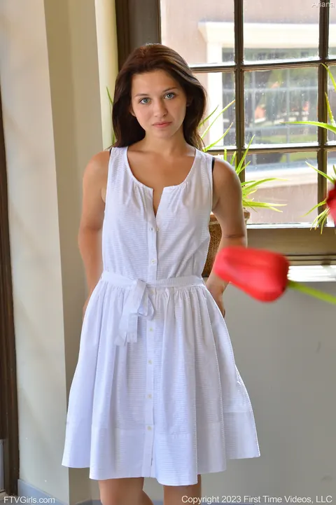 Petite Brunette Rides a Huge Dildo in Her White Dress – photo 4 of 20