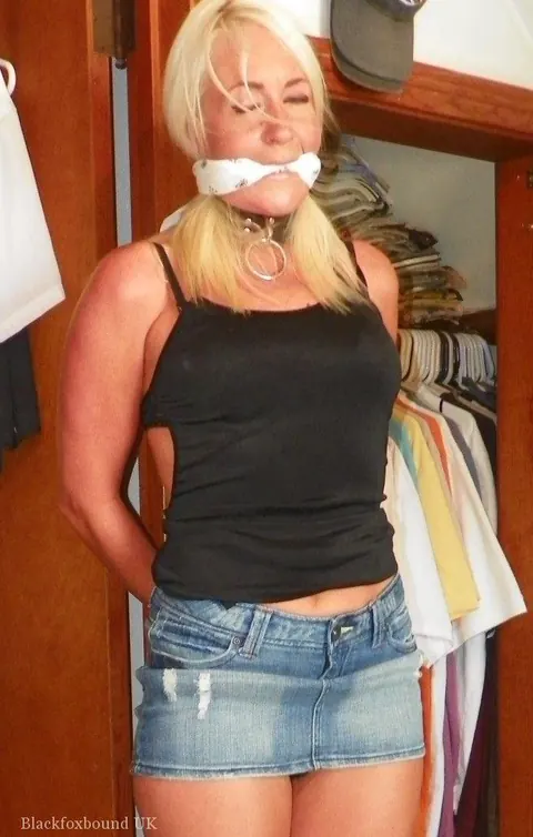 Blonde MILF Bound and Gagged in a Denim Miniskirt and Heels – photo 10 of 13