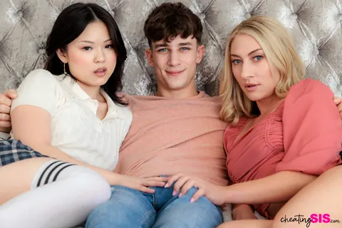 Lulu Chu: Blonde and Brunette Asian MILFs in Socks Share a Threesome in the Bedroom – photo 4 of 16