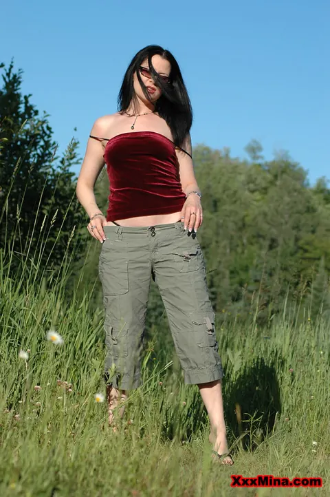 Mina Gorey: Thick Redhead MILF Strips Out of Her Shorts Beside a Car Outdoors – photo 5 of 15