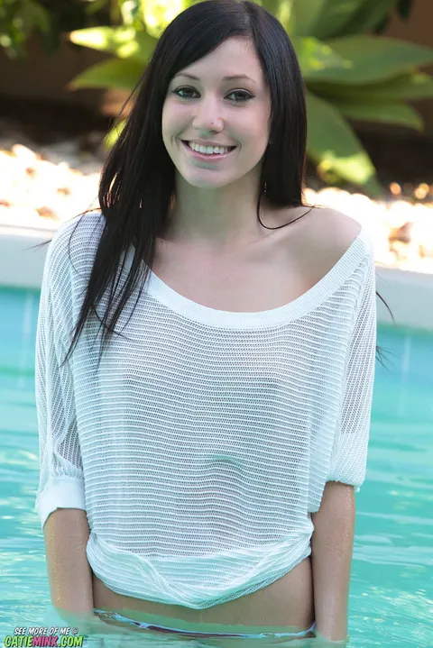 Catie Minx: Brunette Cups Her Small Tits and Slides Panties Down by the Pool – photo 6 of 15