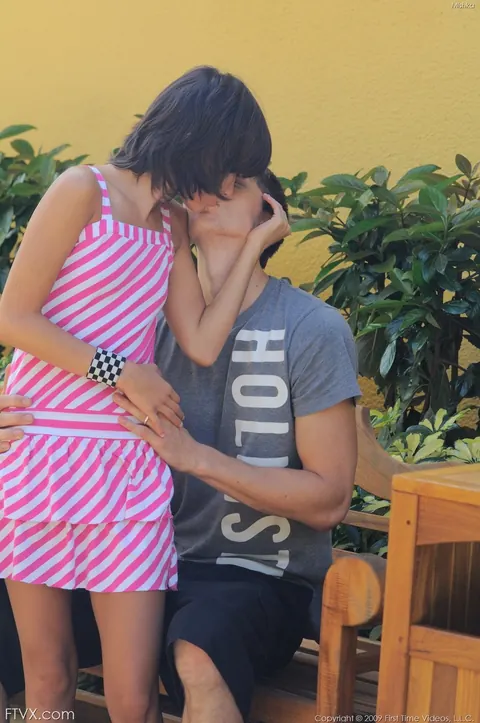 Petite Brunette Kisses Her Partner and Sucks Him Outdoors – photo 4 of 20