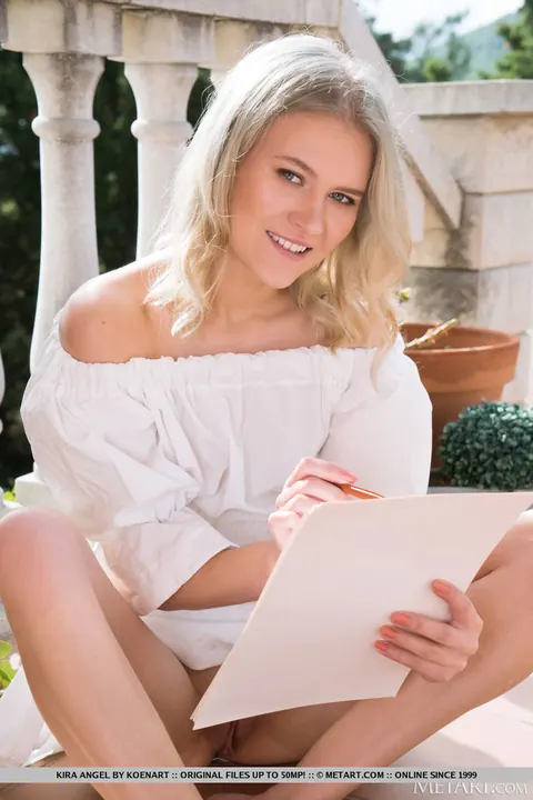 Kira Angel: Petite Czech Blonde with Natural Tits Spreads Her Shaved Pussy on Veranda – photo 3 of 18