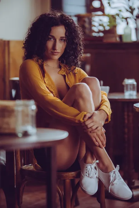 Luca Miklosi: Curly Brunette Undresses and Poses Nude with Coffee – photo 3 of 10