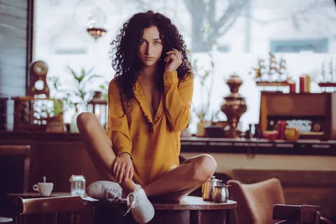 Luca Miklosi: Curly Brunette Undresses and Poses Nude with Coffee – photo 7 of 10