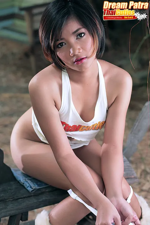 Petite Thai Undresses on a Wooden Bench and Uses a Dildo Outdoors – photo 10 of 16