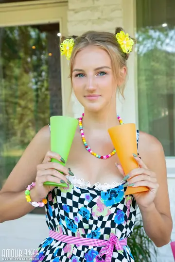 Blonde Strips Out of Her Lingerie and Spreads on Patio