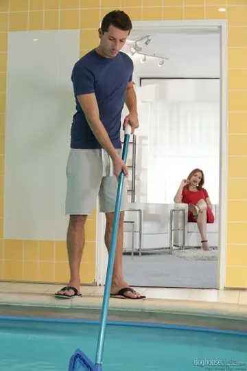 Tall Redhead in a Dress Blows the Pool Guy