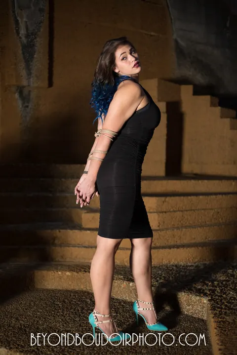 Brunette MILF Poses Bound in High Heels and a Dress Outdoors – photo 14 of 19