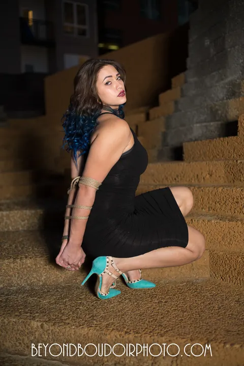 Brunette MILF Poses Bound in High Heels and a Dress Outdoors – photo 18 of 19