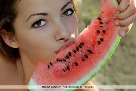 Alisa B: European Brunette Bites Watermelon and Spreads Outdoors – photo 7 of 16