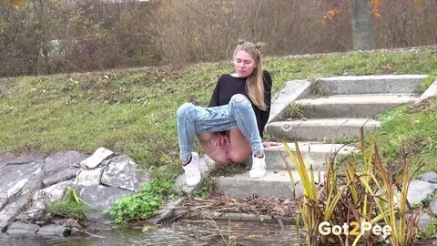 Claudia Mac: Czech Blonde with Tattoo Pisses on Concrete Steps Outdoors – photo 10 of 15