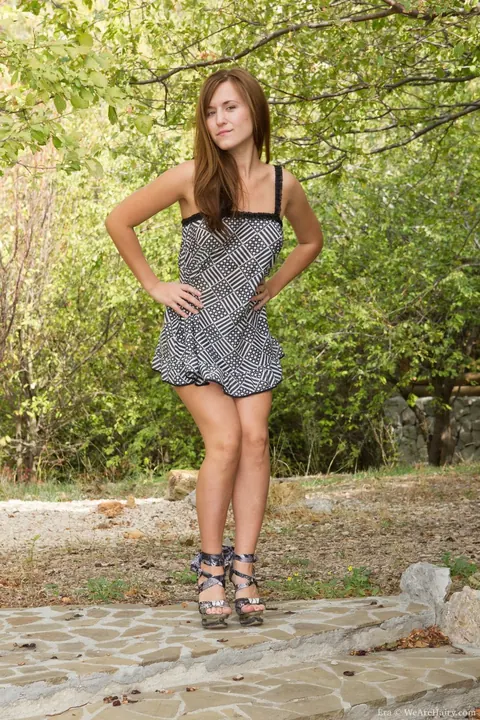 Brunette in Heels Spreads Her Hairy Pussy Outdoors – photo 1 of 17